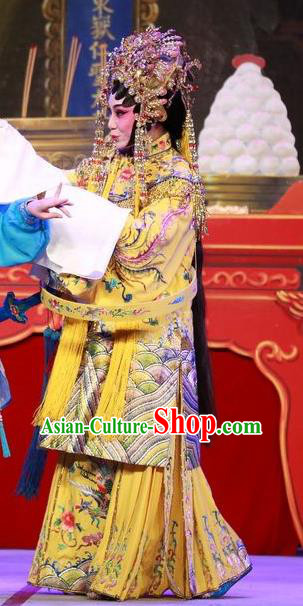 Chinese Cantonese Opera Empress Garment San Kan Yu Mei Costumes and Headdress Traditional Guangdong Opera Actress Apparels Queen Yellow Dress