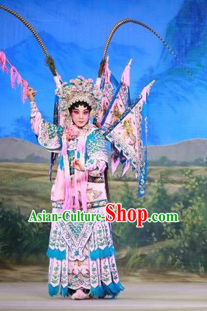 Chinese Cantonese Opera Tao Ma Tan Garment San Kan Yu Mei Costumes and Headdress Traditional Guangdong Opera Blues Apparels Female General Liu Jinding Dress with Flags