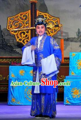Chinese Cantonese Opera Elderly Female Garment The Sword Costumes and Headdress Traditional Guangdong Opera Dame Apparels Pantaloon Blue Dress