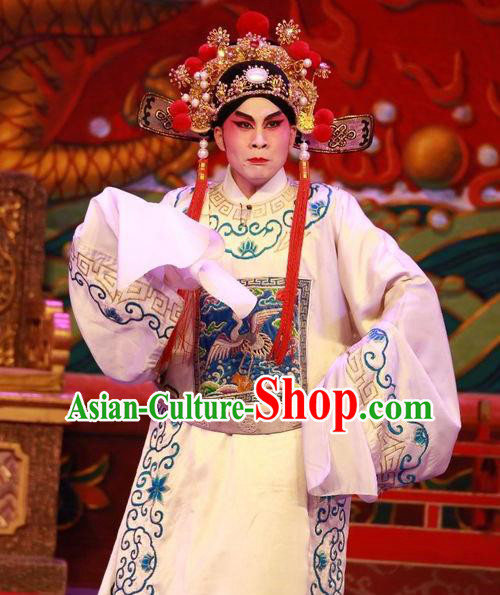 Nu Chuang Jin Dian Chinese Guangdong Opera Xiaosheng Apparels Costumes and Headwear Traditional Cantonese Opera Scholar Garment Young Male Clothing