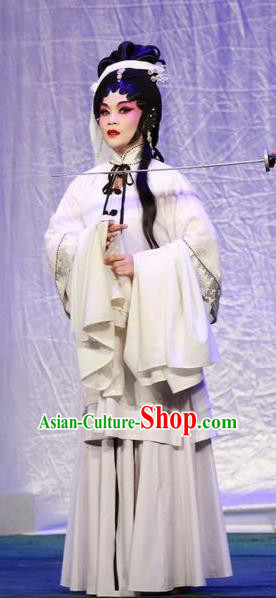 Chinese Cantonese Opera Young Female Garment Qing Hua Pan Jinlian Costumes and Headdress Traditional Guangdong Opera Actress Apparels Widow White Dress