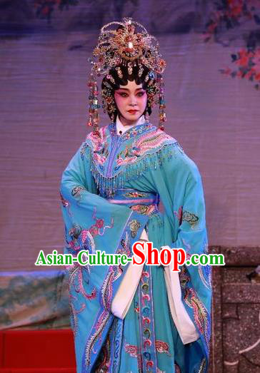 Chinese Cantonese Opera Imperial Consort Garment Dan Jia Nv Costumes and Headdress Traditional Guangdong Opera Hua Tan Apparels Young Female Blue Dress