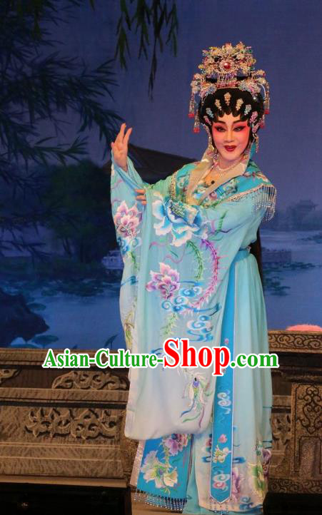 Chinese Cantonese Opera Princess Garment Costumes and Headdress Traditional Guangdong Opera Young Beauty Apparels Hua Tan Blue Dress