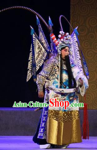 Shuang Qiang Lu Wenlong Chinese Guangdong Opera General Apparels Costumes and Headwear Traditional Cantonese Opera Laosheng Garment Clothing with Flags