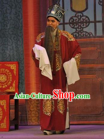 Da Nao Mei Zhi Fu Chinese Guangdong Opera Laosheng Apparels Costumes and Headwear Traditional Cantonese Opera Elderly Male Garment Landlord Lun Gongjing Red Clothing