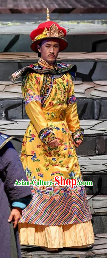 Chinese Traditional Qing Dynasty Emperor Apparels Costumes Historical Drama Da Qing Xiang Guo Ancient Monarch Garment Imperial Robe Clothing and Headwear