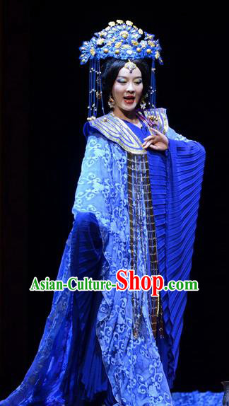 Chinese Historical Drama Confucius Said Ancient Imperial Consort Garment Costumes Traditional Northern Wei Dynasty Empress Dress Queen Blue Apparels and Headdress