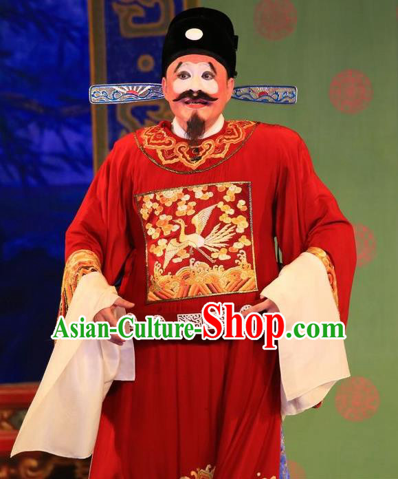 Xu Jiujing Chinese Guangdong Opera Clown Apparels Costumes and Headwear Traditional Cantonese Opera Official Garment Magistrate Red Clothing