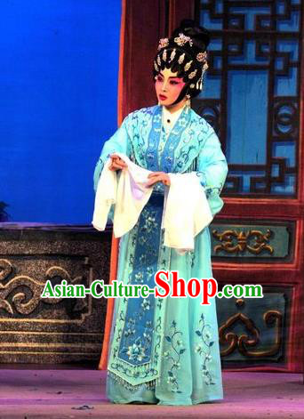 Chinese Cantonese Opera Diva Garment Unhappy Marriage Costumes and Headdress Traditional Guangdong Opera Hua Tan Apparels Actress Blue Dress