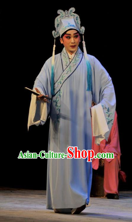 Lou Tai Hui Chinese Guangdong Opera Liang Shanbo Apparels Costumes and Headwear Traditional Cantonese Opera Young Male Garment Scholar Blue Robe Clothing