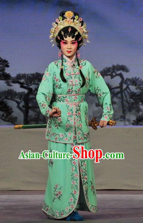 Chinese Cantonese Opera Martial Female Garment Fan Lihua Return Tang Costumes and Headdress Traditional Guangdong Opera Wudan Apparels Swordswoman Green Dress