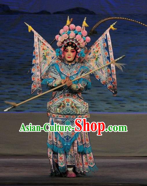 Chinese Cantonese Opera Female General Garment Fan Lihua Return Tang Costumes and Headdress Traditional Guangdong Opera Tao Ma Tan Apparels Dress with Flags