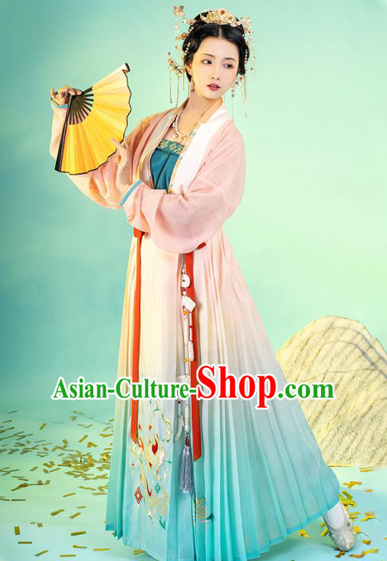 Asian Chinese Traditional Song Dynasty Nobility Lady Hanfu Apparels Ancient Young Female Historical Costumes Beizi Blouse and Pleated Skirt Full Set