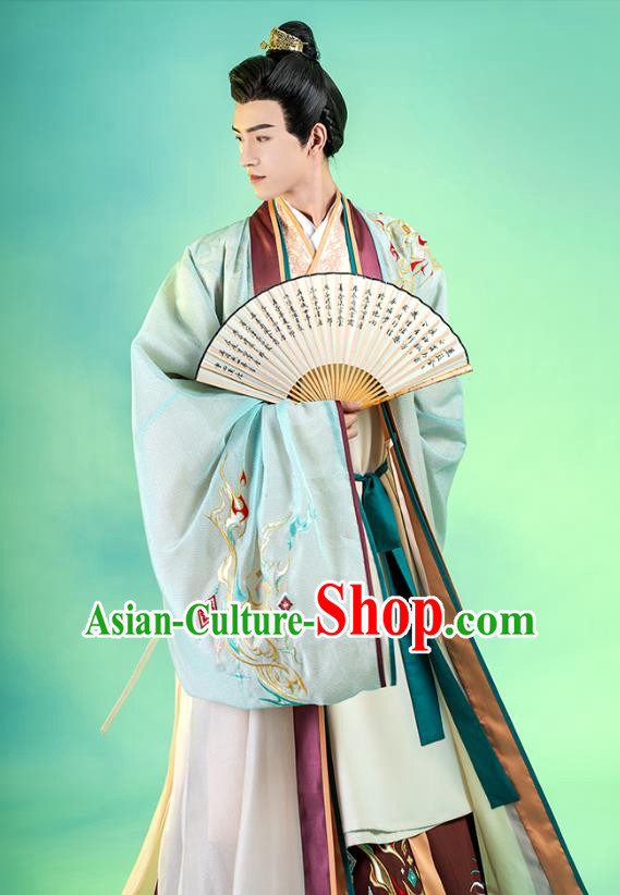 Asian Chinese Traditional Song Dynasty Royal Prince Hanfu Apparels Ancient Nobility Childe Historical Costumes Embroidered Cape Shirt and Skirt Complete Set for Men