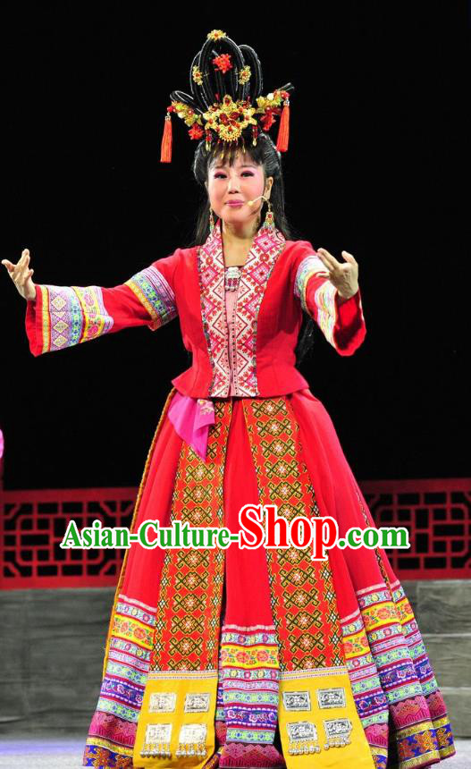 Chinese Historical Drama Lv Zhu Nv Chuan Qi Ancient Ethnic Girl Garment Costumes Traditional Young Lady Red Dress Apparels and Headdress