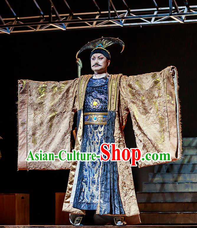 Chinese Traditional Stage Performance King Qi Apparels Costumes Historical Drama The Prince of Lanling Ancient Monarch Garment Elderly Male Clothing and Headwear