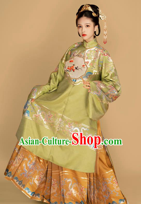 Top Grade Chinese Traditional Ming Dynasty Royal Princess Hanfu Apparels Ancient Imperial Infanta Historical Costumes Green Brocade Long Blouse and Skirt Full Set