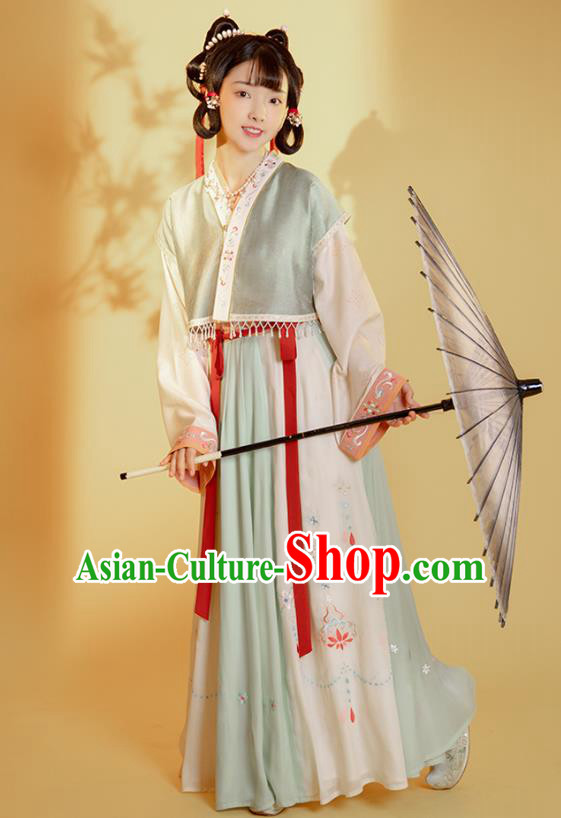 Top Chinese Traditional Tang Dynasty Young Lady Hanfu Apparels Ancient Village Girl Historical Costumes Half Sleeved Garment Blouse and Skirt Full Set