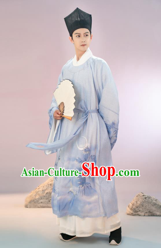 Traditional Chinese Song Dynasty Scholar Hanfu Apparels Ancient Young Male Historical Costumes Embroidered Blue Long Robe