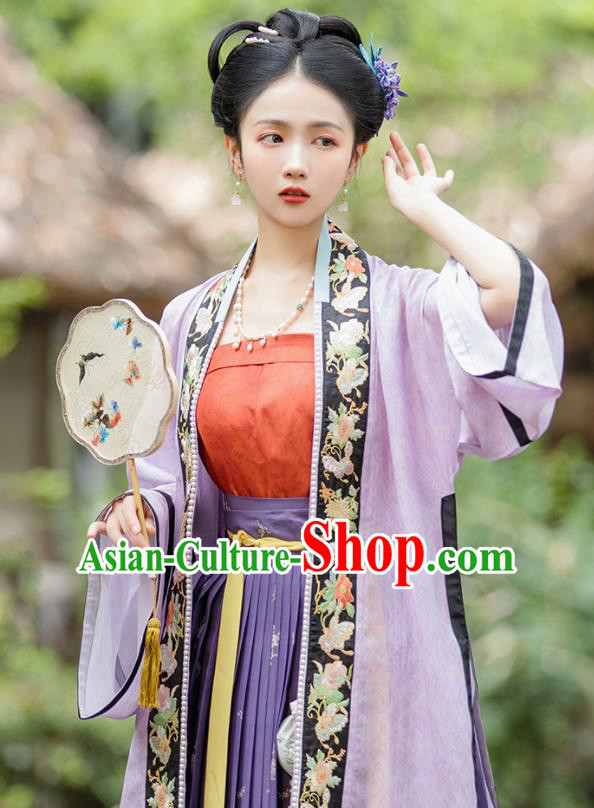 Traditional Chinese Song Dynasty Patrician Girl Hanfu Apparels Ancient Nobility Woman Historical Costumes Embroidered BeiZi Tube Top and Overlapping Skirt Full Set