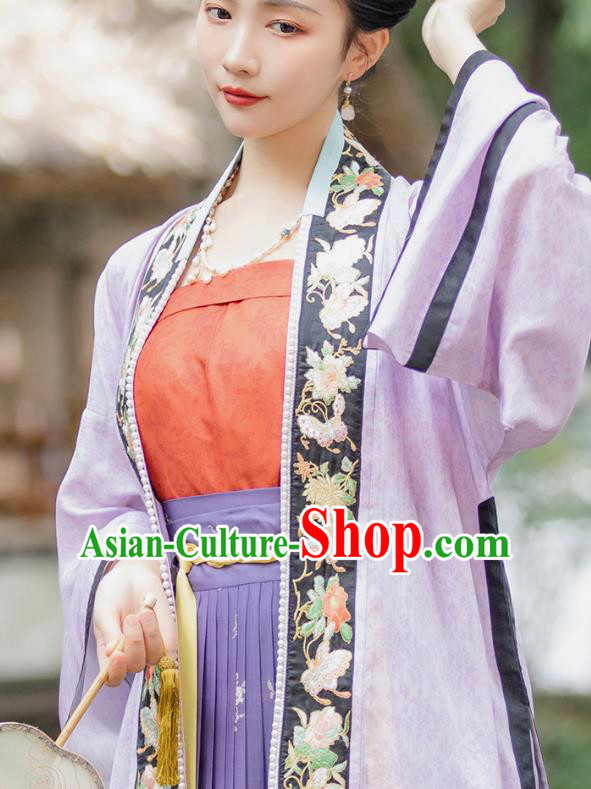 Traditional Chinese Song Dynasty Patrician Girl Hanfu Apparels Ancient Nobility Woman Historical Costumes Embroidered BeiZi Tube Top and Overlapping Skirt Full Set