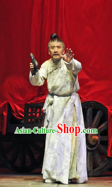 Chinese Traditional Qin Dynasty Elderly Scholar Clothing Stage Performance Historical Drama Fu Sheng Apparels Costumes Ancient Academic Garment and Headwear