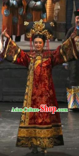 Chinese Historical Drama Yangshi Lei Ancient Empress Garment Costumes Traditional Stage Show Dress Qing Dynasty Court Queen Cixi Red Apparels and Headpieces