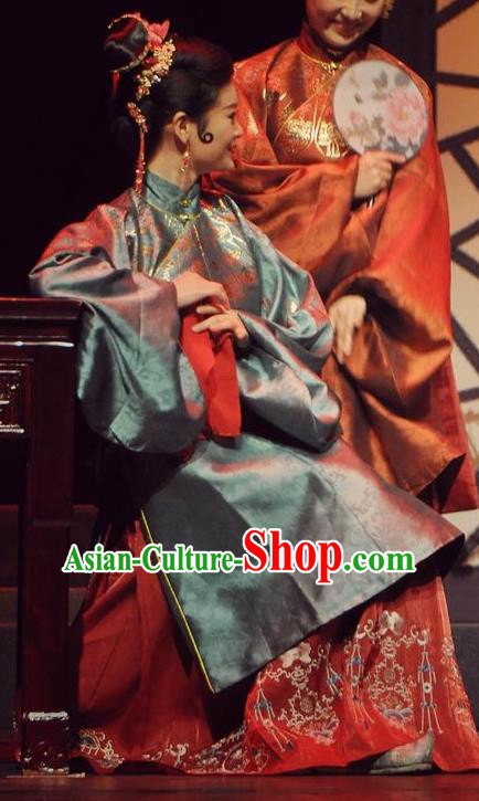 Chinese Historical Drama Peach Blossom Fan Ancient Procuress Garment Costumes Traditional Stage Show Dress Ming Dynasty Madam Apparels and Headpieces