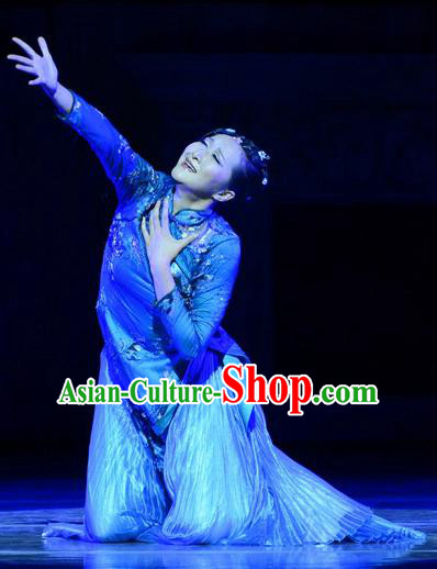 Chinese Dance Drama The Clay Figurine Young Lady Garment Costumes Traditional Stage Show Dress Qi Yangliu Blue Apparels and Headpieces