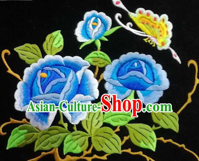 Chinese Traditional Embroidered Blue Peony Butterfly Pattern Cloth Patch Decoration Embroidery Craft Embroidered Accessories