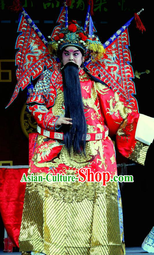 Yang He Tang Chinese Sichuan Opera General Xue Dingshan Kao Apparels Costumes and Headpieces Peking Opera Highlights Red Armor Garment Clothing with Flags