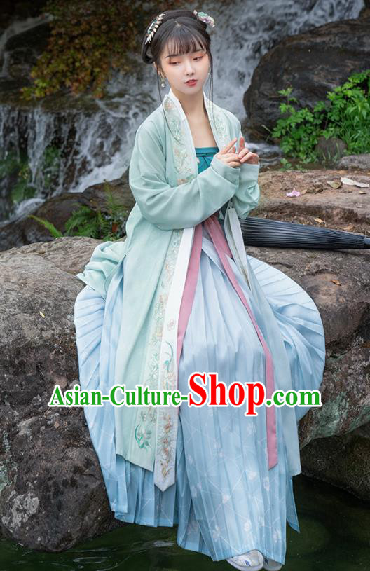 Traditional Chinese Song Dynasty Young Lady Hanfu Dress Apparels Ancient Village Girl Embroidered Long BeiZi and Skirt Historical Costumes Full Set