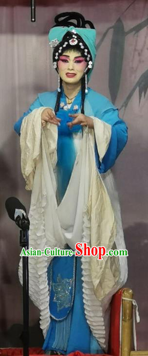 Chinese Sichuan Opera Highlights Diva Liu Chunhua Garment Costumes and Headdress Chun Hua Zou Xue Traditional Peking Opera Actress Blue Dress Apparels
