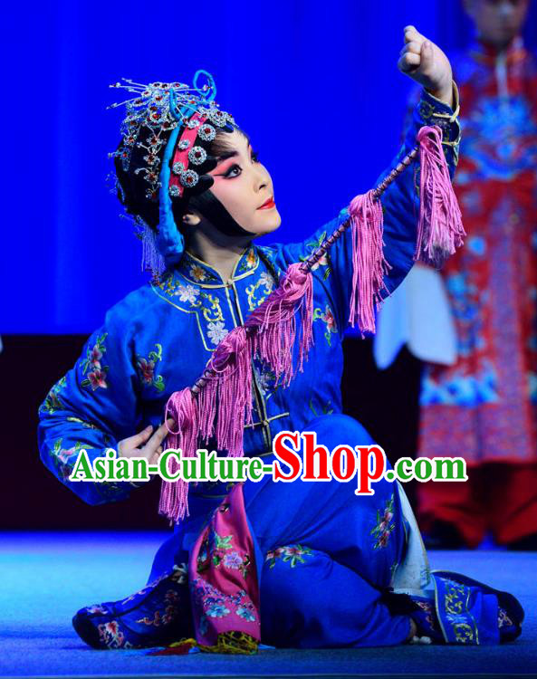 Chinese Sichuan Opera Highlights Martial Female Garment Costumes and Headdress Bei Mang Mountain Traditional Peking Opera Wudan Blue Dress Swordswoman Apparels