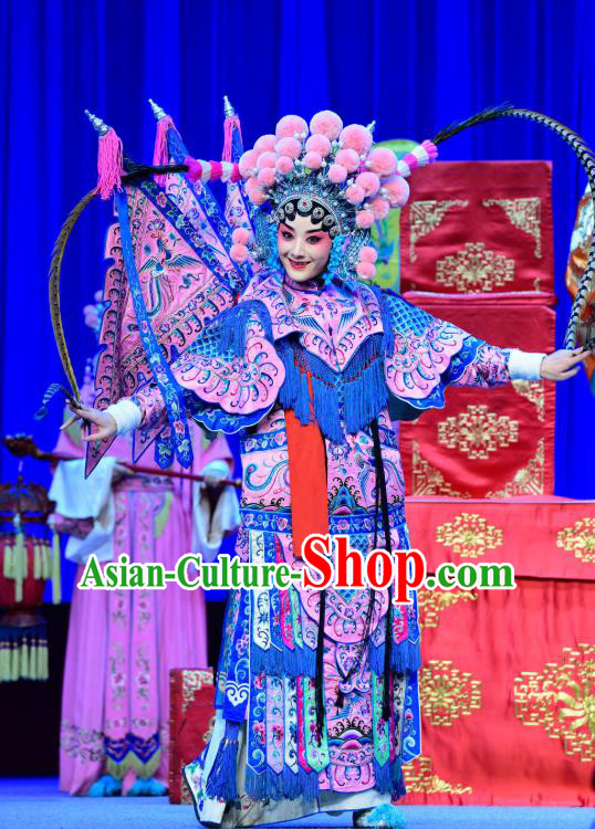 Chinese Sichuan Opera Highlights Tao Ma Tan Garment Costumes and Headdress Bei Mang Mountain Traditional Peking Opera Martial Female Dress Pink Kao Apparels with Flags