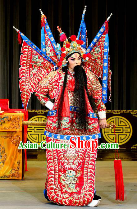 Zhan Huang Pao Chinese Sichuan Opera General Red Kao Apparels Costumes and Headpieces Peking Opera Highlights Military Officer Garment Zheng Ziming Clothing with Flags