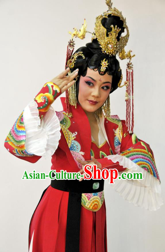 Chinese Sichuan Highlights Opera Hua Tan Garment Costumes and Headdress Princess Turandot Traditional Peking Opera Actress Red Dress Apparels