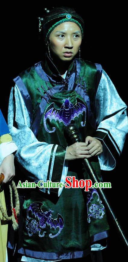 Chinese Sichuan Highlights Opera Elderly Female Garment Costumes and Headdress Jin Zi Traditional Peking Opera Dame Dress Landlord Shiva Apparels