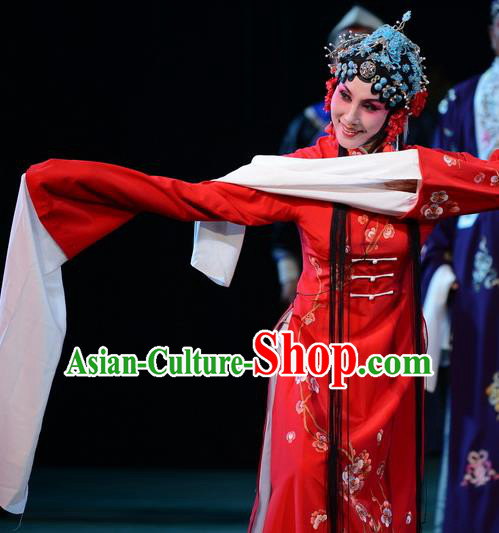 Chinese Hebei Clapper Opera Young Female Garment Costumes and Headdress Liu Lanzhi Traditional Bangzi Opera Hua Tan Red Dress Actress Apparels