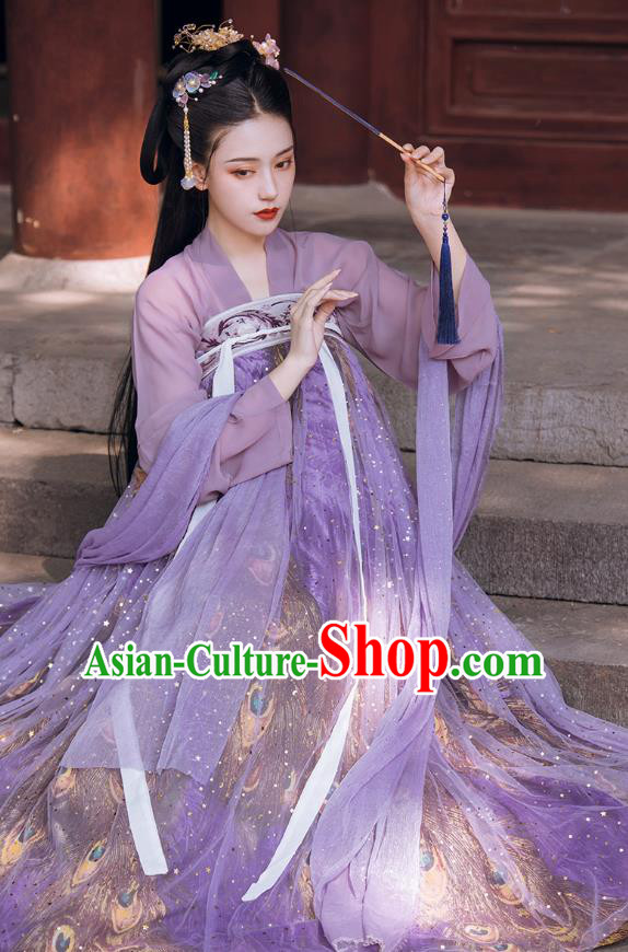 Traditional Chinese Tang Dynasty Court Infanta Historical Costumes Ancient Apparels Princess Goddess Lilac Hanfu Dress for Women