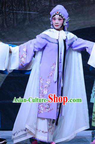 Chinese Hebei Clapper Opera Young Female Garment Costumes and Headdress Zhen Zhu Shan Traditional Bangzi Opera Hua Tan Lilac Dress Actress Apparels