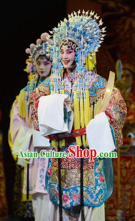 Chinese Hebei Clapper Opera Diva Garment Costumes and Headdress Wang Baochuan Traditional Bangzi Opera Imperial Empress Dress Queen Apparels