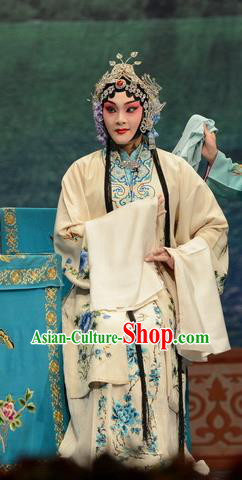 Chinese Hebei Clapper Opera Young Mistress Garment Costumes and Headdress Madam White Snake Traditional Bangzi Opera Hua Tan Dress Diva Bai Suzhen Apparels