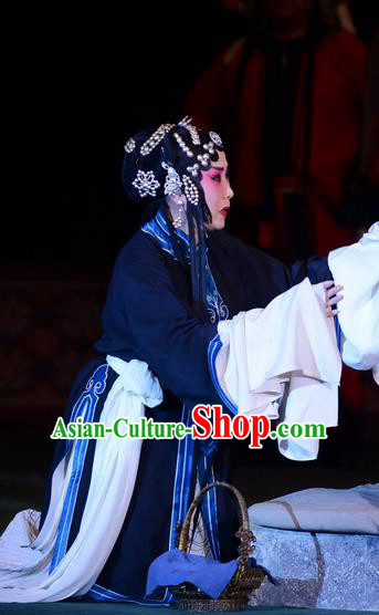 Chinese Hebei Clapper Opera Tsing Yi Garment Costumes and Headdress Dou E Yuan Traditional Bangzi Opera Distress Maiden Dress Actress Apparels