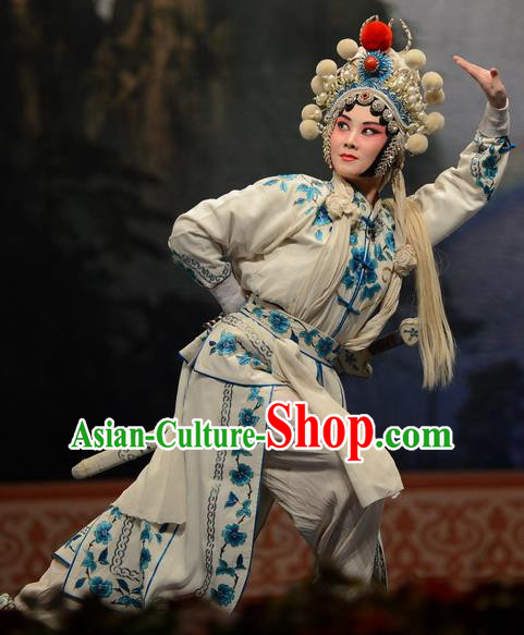 Chinese Hebei Clapper Opera Wudan Garment Costumes and Headdress Madam White Snake Traditional Bangzi Opera Martial Female Dress Bai Suzhen Apparels