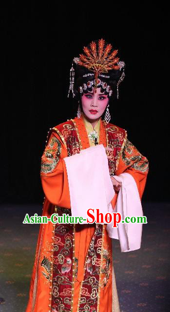 Chinese Hebei Clapper Opera Empress Garment Costumes and Headdress Tai Cheng Liu Traditional Bangzi Opera Hua Tan Dress Queen Apparels