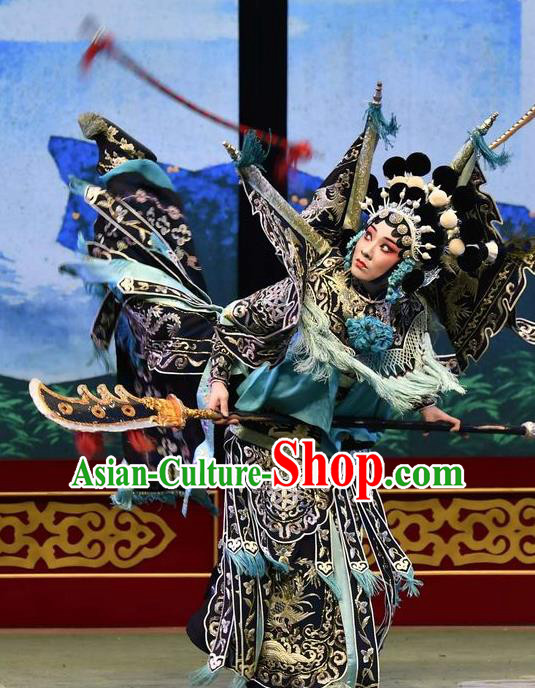 Chinese Hebei Clapper Opera Martial Female Garment Costumes and Headdress Broadsword Wang Huainv Traditional Bangzi Opera Tao Ma Tan Dress Black Kao Apparels with Flags