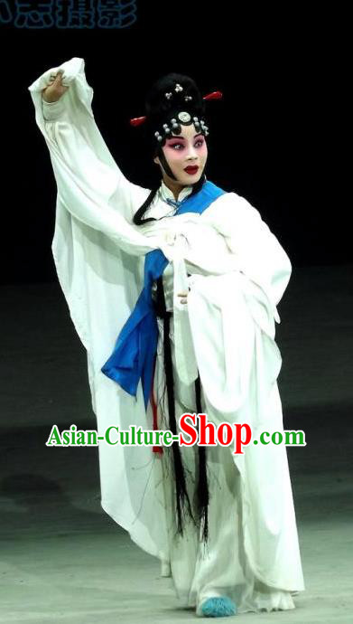 Chinese Hebei Clapper Opera Distress Maiden Garment Costumes and Headdress Meng Jiangnv Traditional Bangzi Opera Actress White Dress Diva Apparels