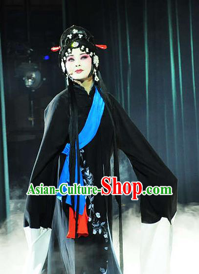 Chinese Hebei Clapper Opera Distress Woman Garment Costumes and Headdress Meng Jiangnv Traditional Bangzi Opera Actress Dress Young Female Black Apparels