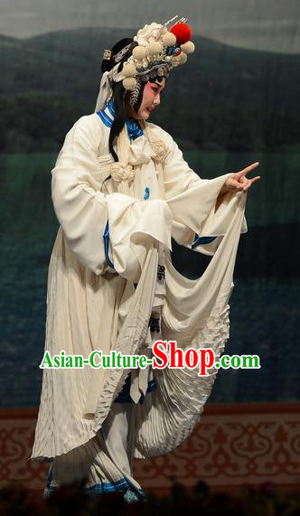 Chinese Hebei Clapper Opera Distress Female Garment Costumes and Headdress Madam White Snake Traditional Bangzi Opera Swordswoman Dress Bai Suzhen Apparels